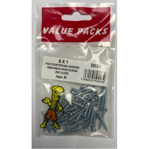 6 X 1'' Pozi Csk Hardened Twinthread Woodscrews Zinc 50 Per Pack
