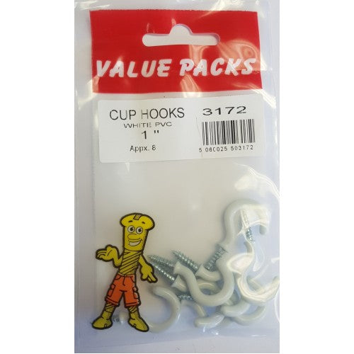 Fastpak 25mm White Plastic Coated Shouldered Cup Hooks - Pack of 7
