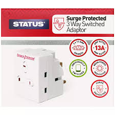 Status 3 Way Individually Switched Surge Protected 13A Fused Mains Adaptor, White