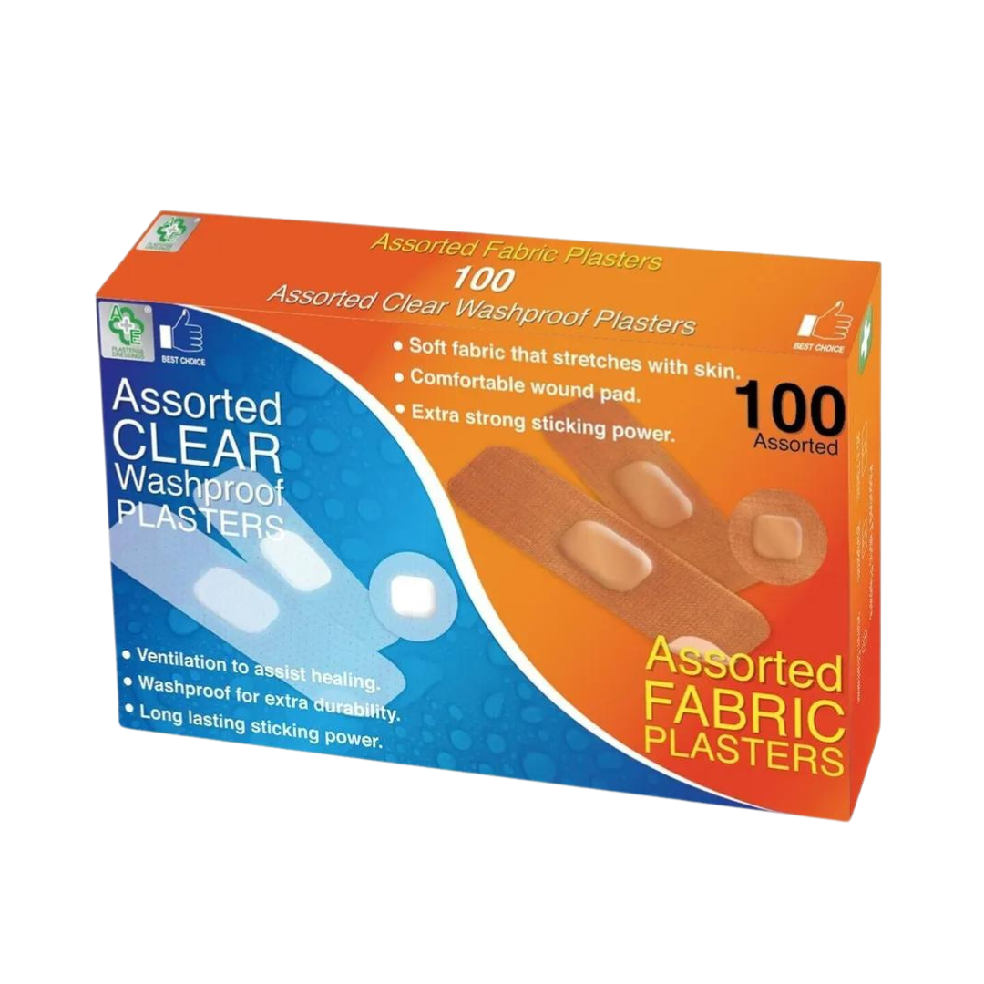 A&E 100 Pack Assorted Clear & Fabric Plasters
