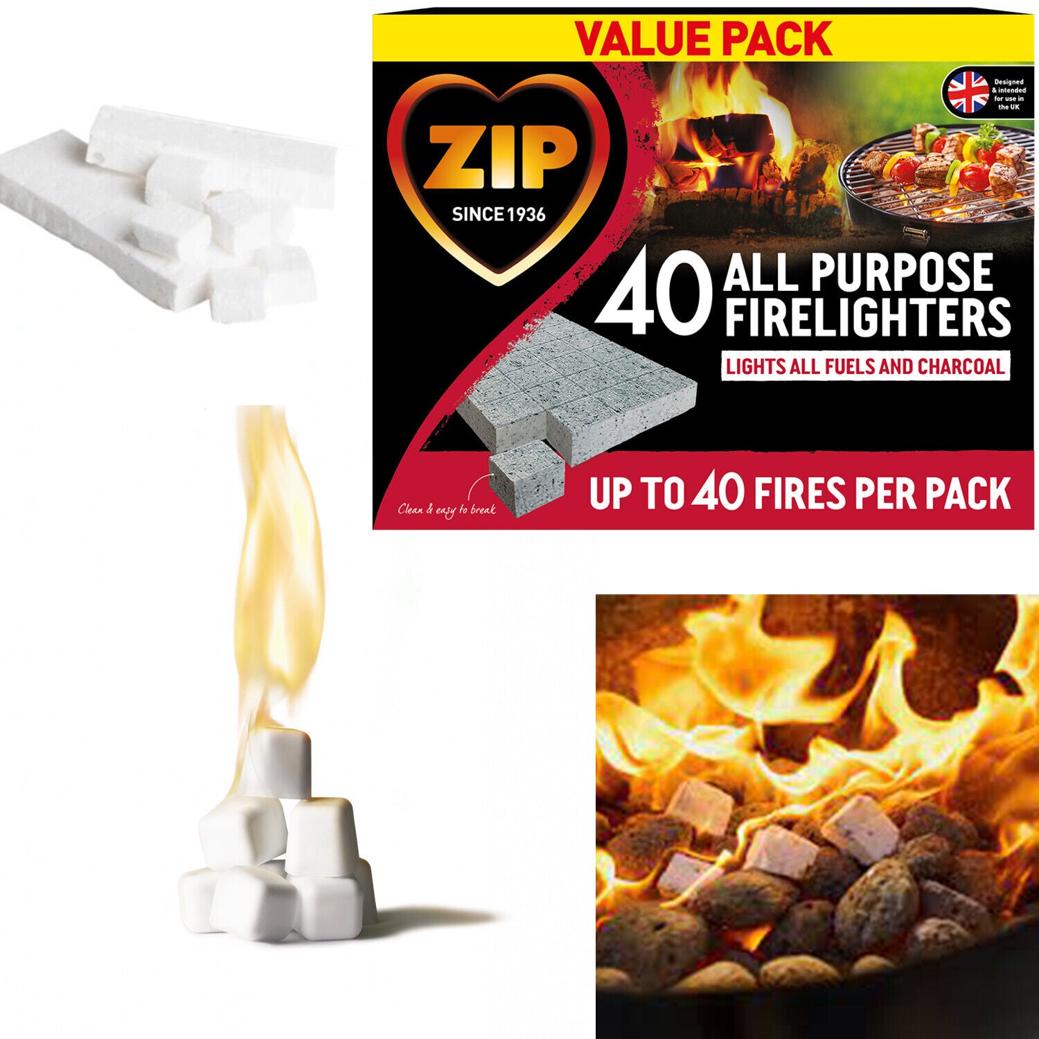 Packs of 40 Zip High Performance All Purpose Firelighter.