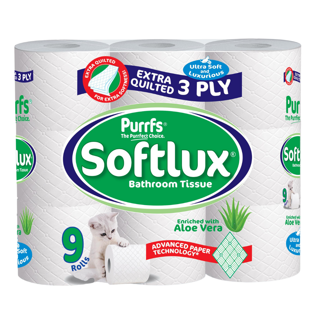 Purffs Softlux Bathroom Tissue Rolls Aloe Vera Scented Toilet Rolls 3ply 9 Pack - Premium Quality Tissue Online - Product Image Purffs Softlux Bathroom Tissue Rolls Aloe Vera Scented Toilet Rolls 3ply 9 Pack - Premium Quality Tissue Online - Product Image
