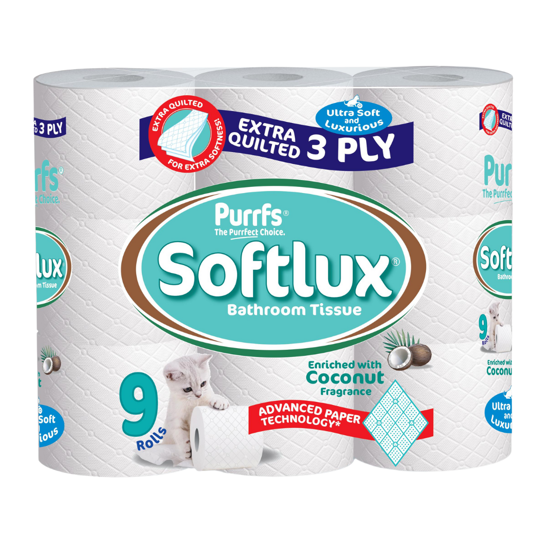 Purrffs Softlux 9 Pack Coconut Scented 3Ply Toilet Rolls Bathroom Tissue Quilted