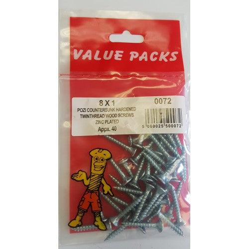 Value Pack 8 X 1'' Pozi Csk Hardened Twinthread Woodscrews Zinc 40 Per Pack