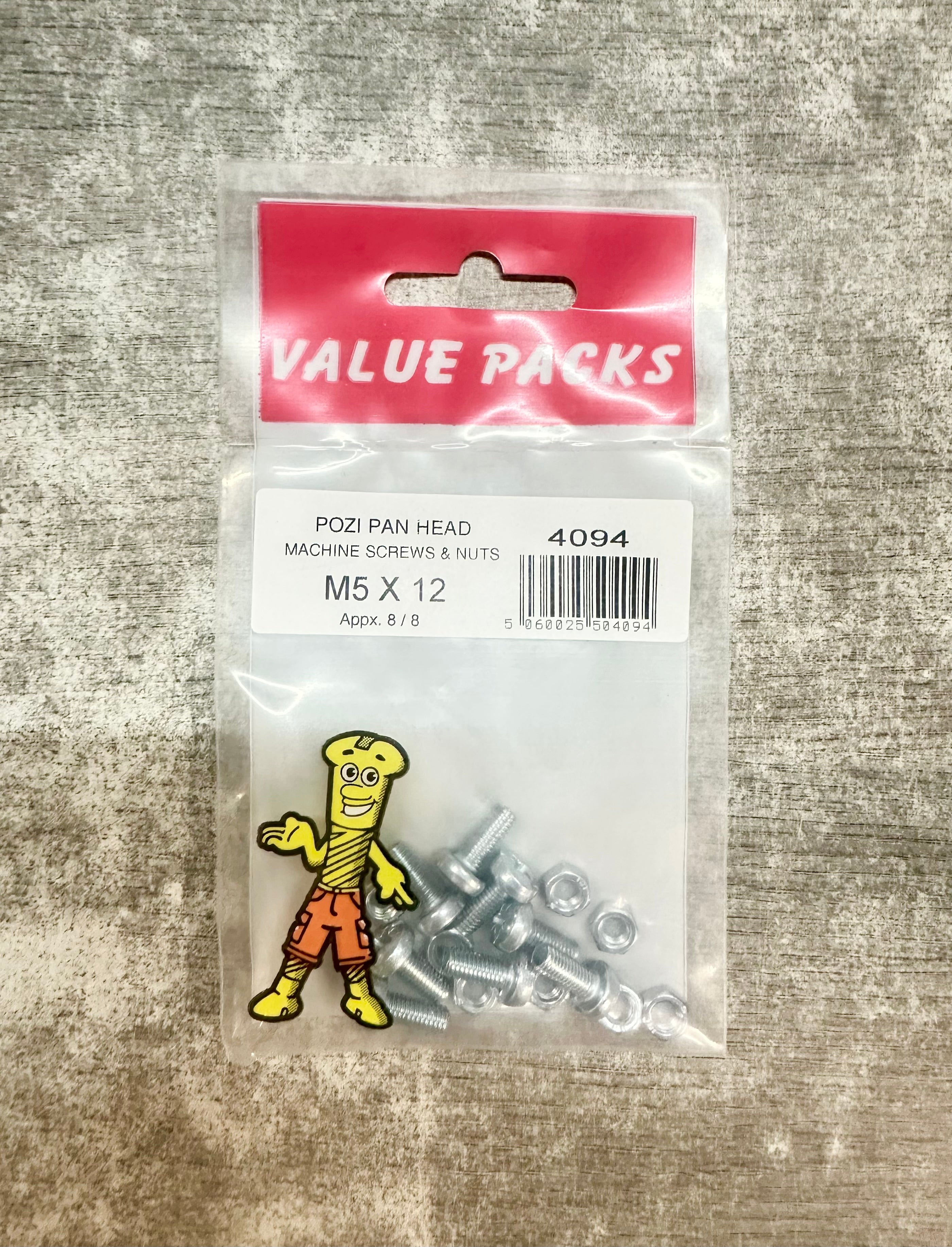 Pozi Pan Head Machine Screws & Nut M5 x 12 (8x8)