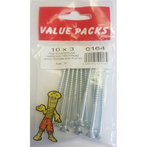 Fast Pak Value 0164 10 x 3'' Pozi czk Hardened Twinthread Woodscrews Zinc 10 per pack