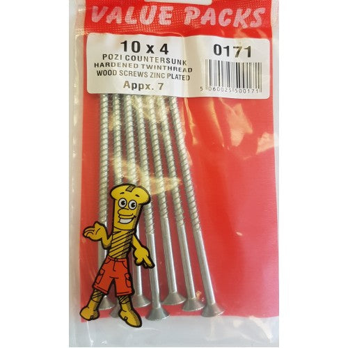 Value Packs 10 X 4'' Pozi Countersunk Hardened Twinthread Woodscrews 7 Pack