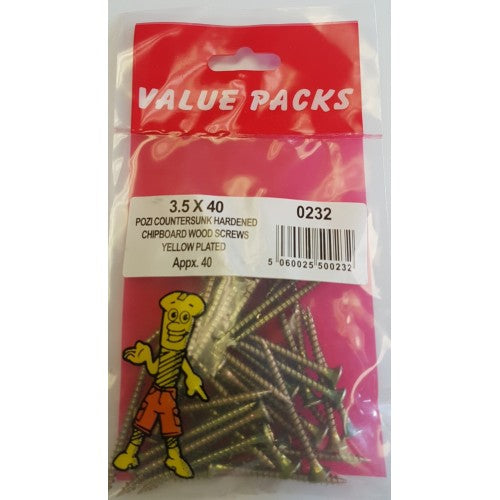 3.5 X 40 Pozi Csk Chipboard Screws Yellow 40 Per Pack