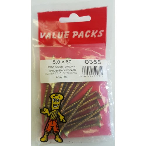 Fastpak Yellow Zinc Plated Countersunk Pozi Chipboard Screws 5.0 x 60mm 12 Per Pack