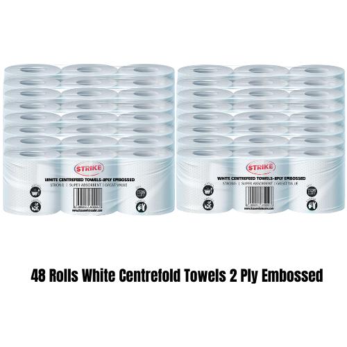 48 Rolls Strike White Centre feed Rolls Embossed 2ply Wiper Paper Towel 50M