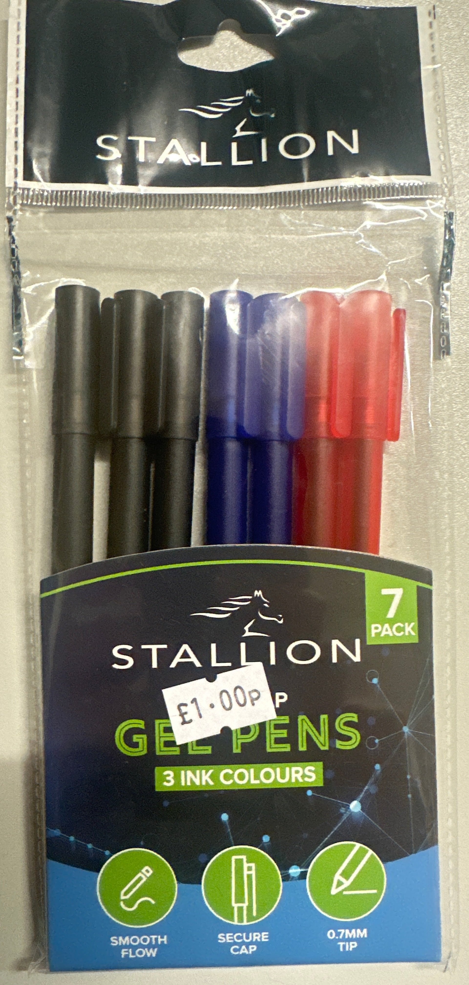 Stallion Pull Cap Gel Pens 3 Colour 7Pk