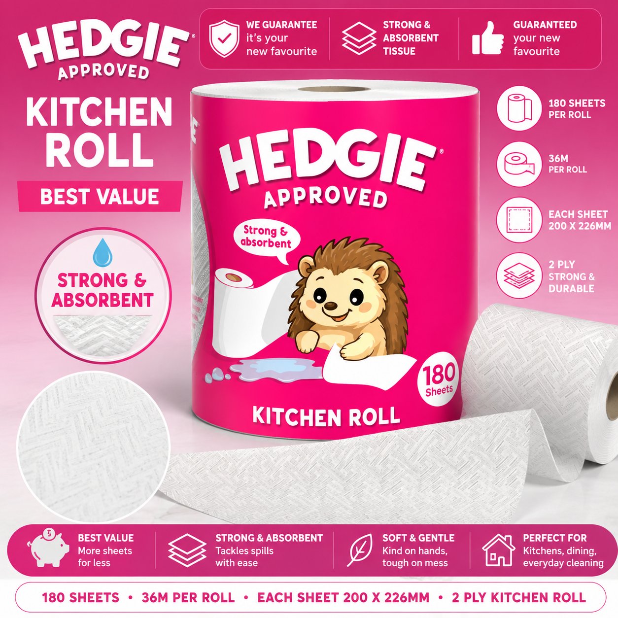 Hedgie Kitchen Towels 2 ply Strong Absorbent 180 Sheets / Roll