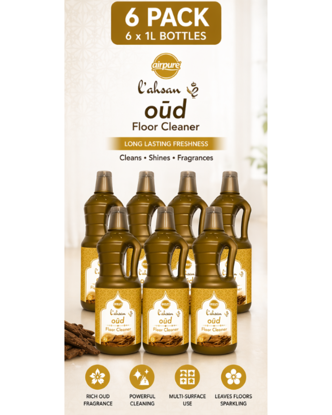 Airpure Moroccan Liquid Floor Cleaner 1L – Zulal, Safi, L’u’lu & Oud | All Scents Variety | 3 Pack, 6 Pack, 12 Pack & Mixed Bundles | Multi-Surface Cleaning Solution