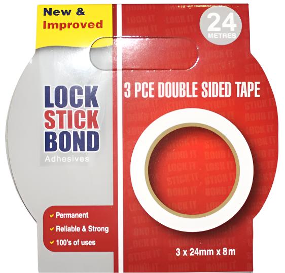 Lock Stick Bond Adhesive 3 Piece Double Sided Tape 3 x 24mm x 8m