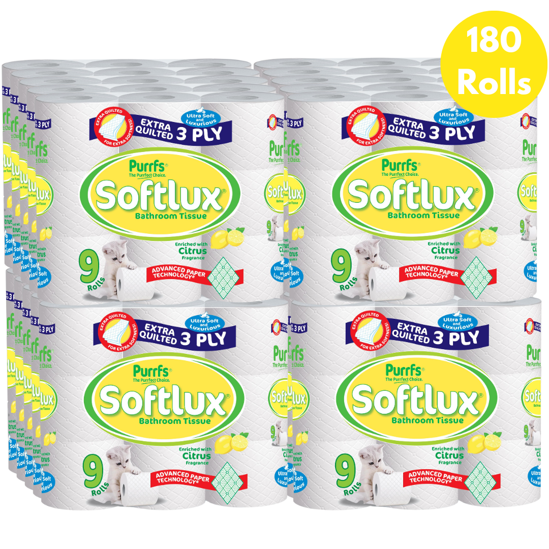 180 Rolls Softlux Citrus Scented 3 Ply Toilet Rolls Luxury Quilted (20*9)