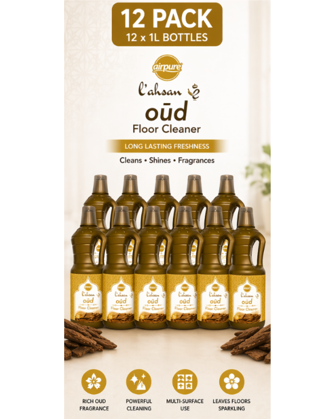 Airpure Moroccan Liquid Floor Cleaner 1L – Zulal, Safi, L’u’lu & Oud | All Scents Variety | 3 Pack, 6 Pack, 12 Pack & Mixed Bundles | Multi-Surface Cleaning Solution