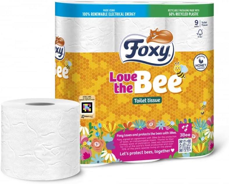 Foxy Love The Bee 2 Ply Toilet Roll (45 Rolls) | 170 Sheets Per Roll | Pure Cellulose | Clinicallt Tested | Absorbent & Resistant | Honey Core Scented