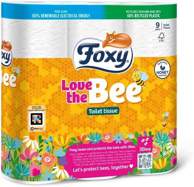 Foxy Love The Bee 2 Ply Toilet Roll (45 Rolls) | 170 Sheets Per Roll | Pure Cellulose | Clinicallt Tested | Absorbent & Resistant | Honey Core Scented