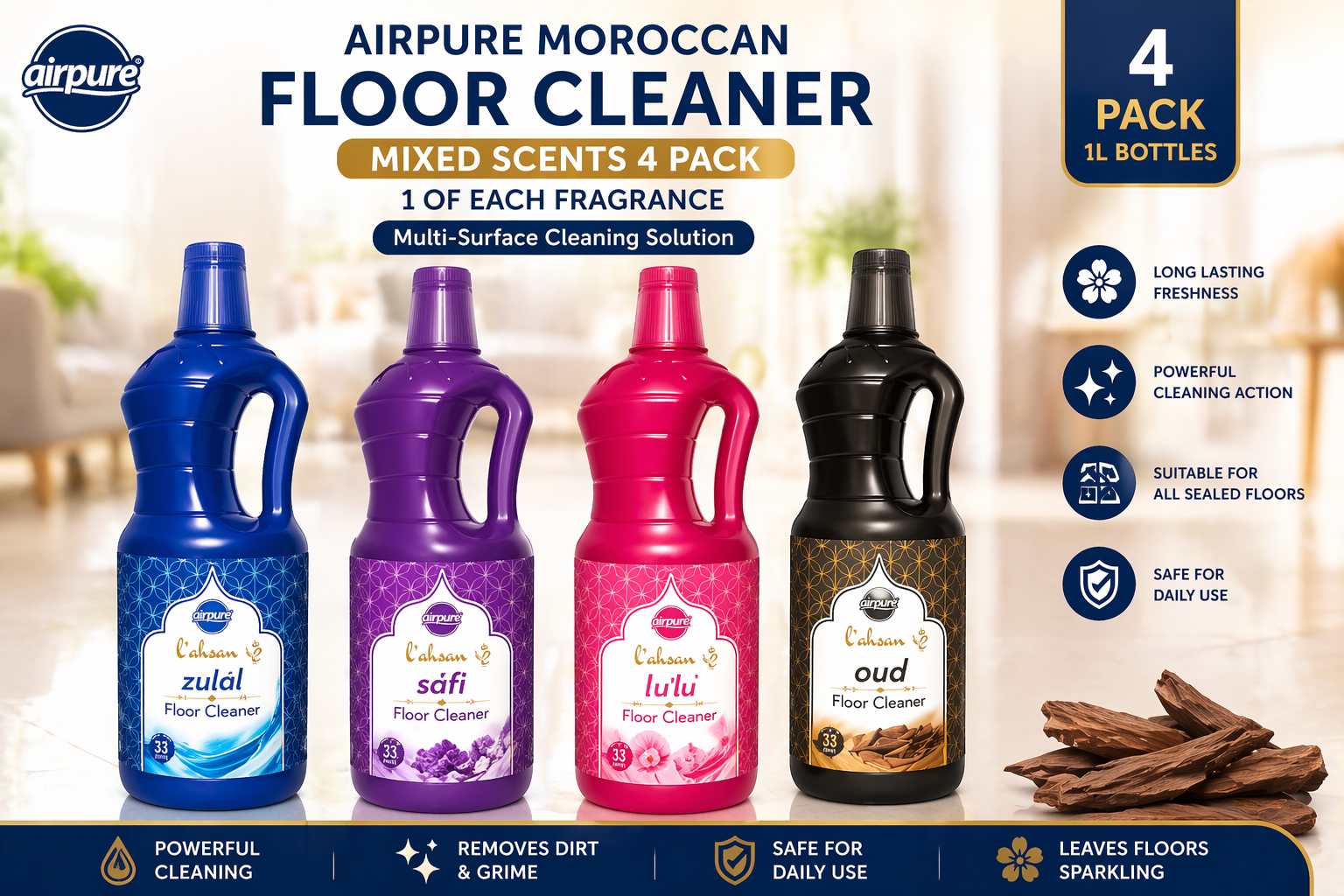 Airpure Moroccan Liquid Floor Cleaner 1L – Zulal, Safi, L’u’lu & Oud | All Scents Variety | 3 Pack, 6 Pack, 12 Pack & Mixed Bundles | Multi-Surface Cleaning Solution