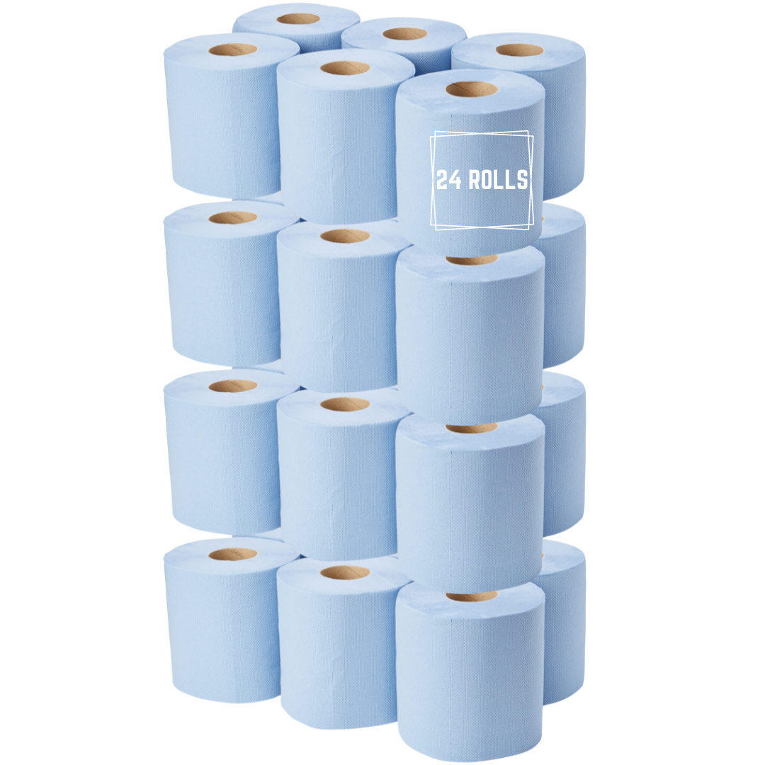 36 Superset Embossed 2 PLY Blue Centrefeed Paper Wiper Rolls Towels Perforated