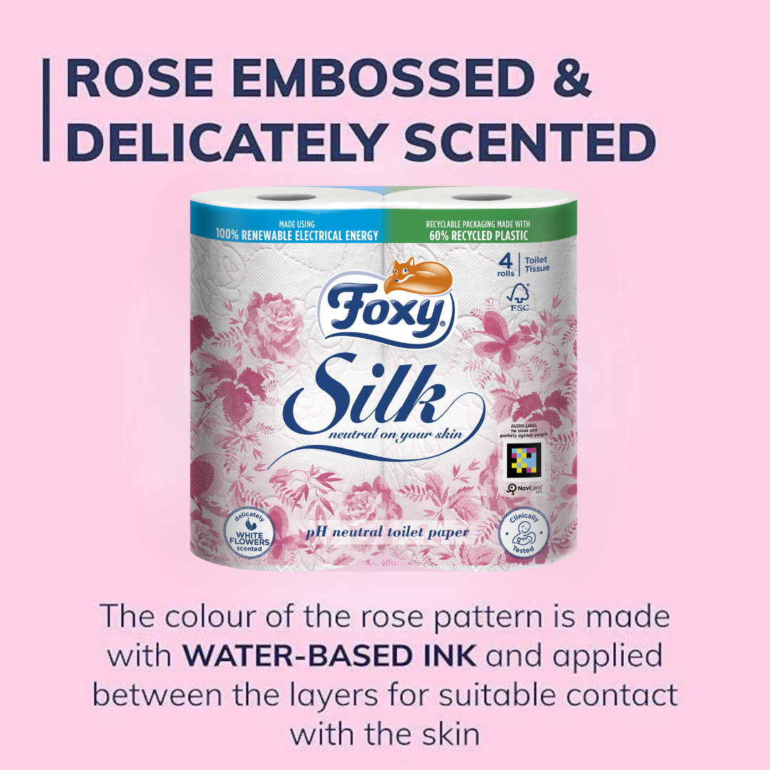 Foxy Silk | Toilet Paper 200 Sheets x 4 Rolls | 3 Ply High Thickness | Recyclable Packaging Made with Recycled Plastic