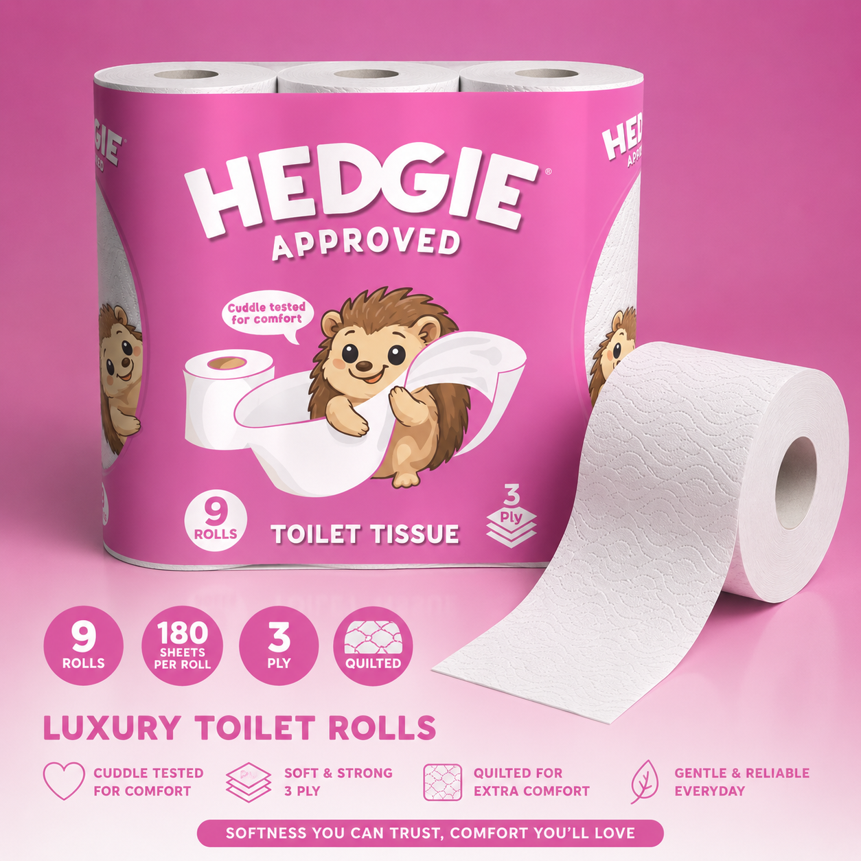 Hedgie 3ply Quilted Soft Toilet Tissue 180 x 3 ply sheets per roll 20.7m /roll