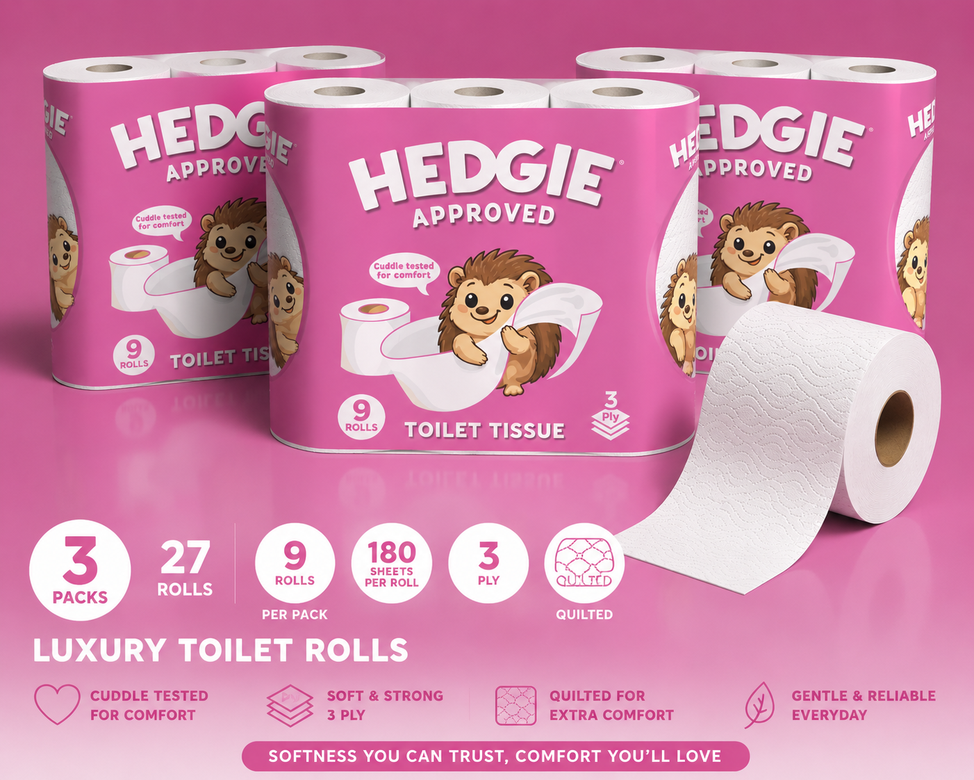 Hedgie 3ply Quilted Soft Toilet Tissue 180 x 3 ply sheets per roll 20.7m /roll