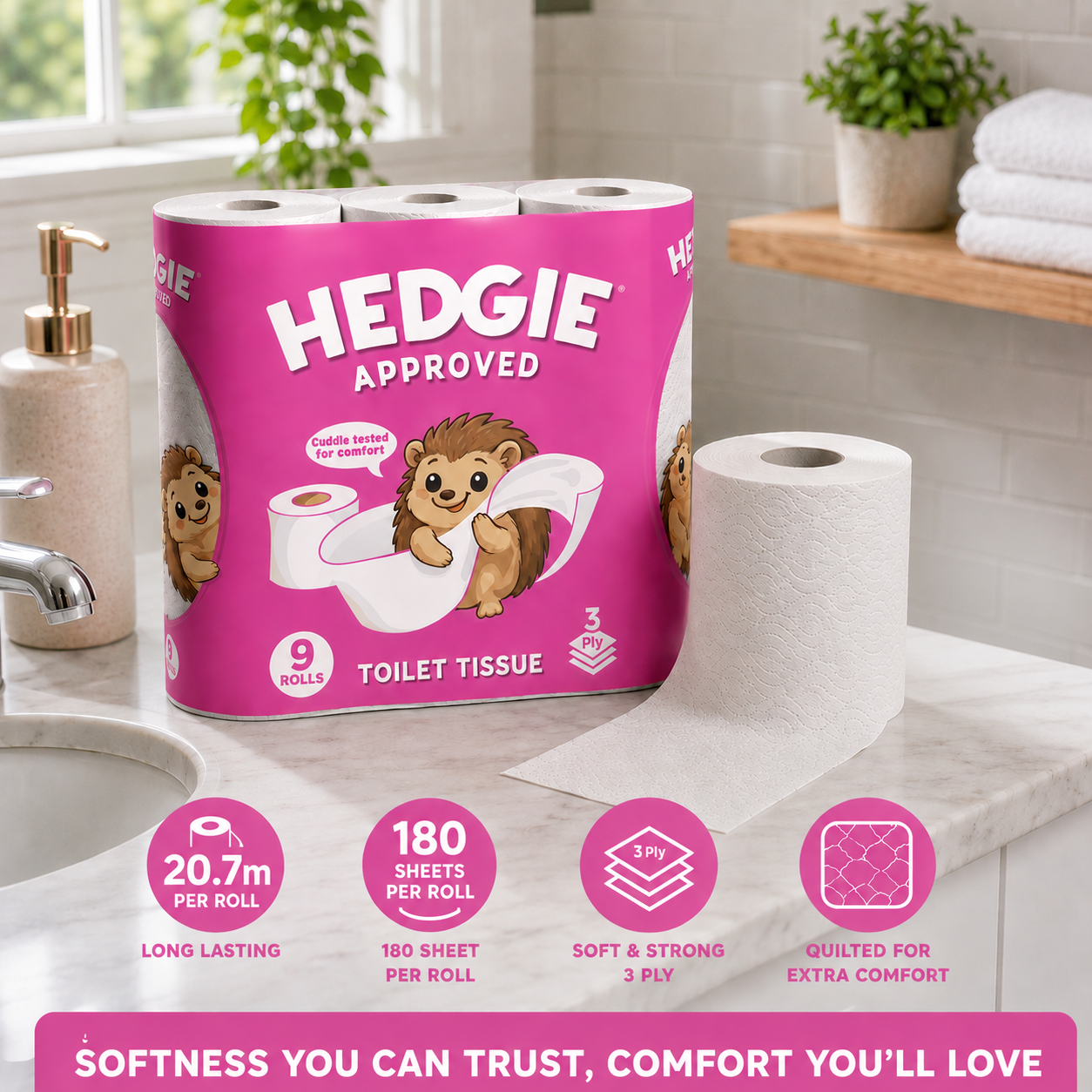 Hedgie 3ply Quilted Soft Toilet Tissue 180 x 3 ply sheets per roll 20.7m /roll