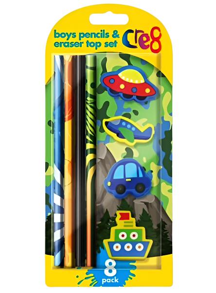 Cre8 Boys Pencils & Eraser Top Set