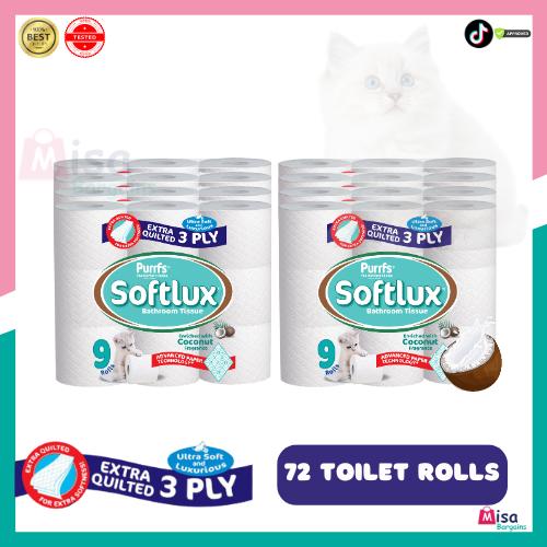 72 Rolls Softlux Purffs Coconut 3ply Bathroom Luxury Quilted Toilet Rolls (8*9pk)