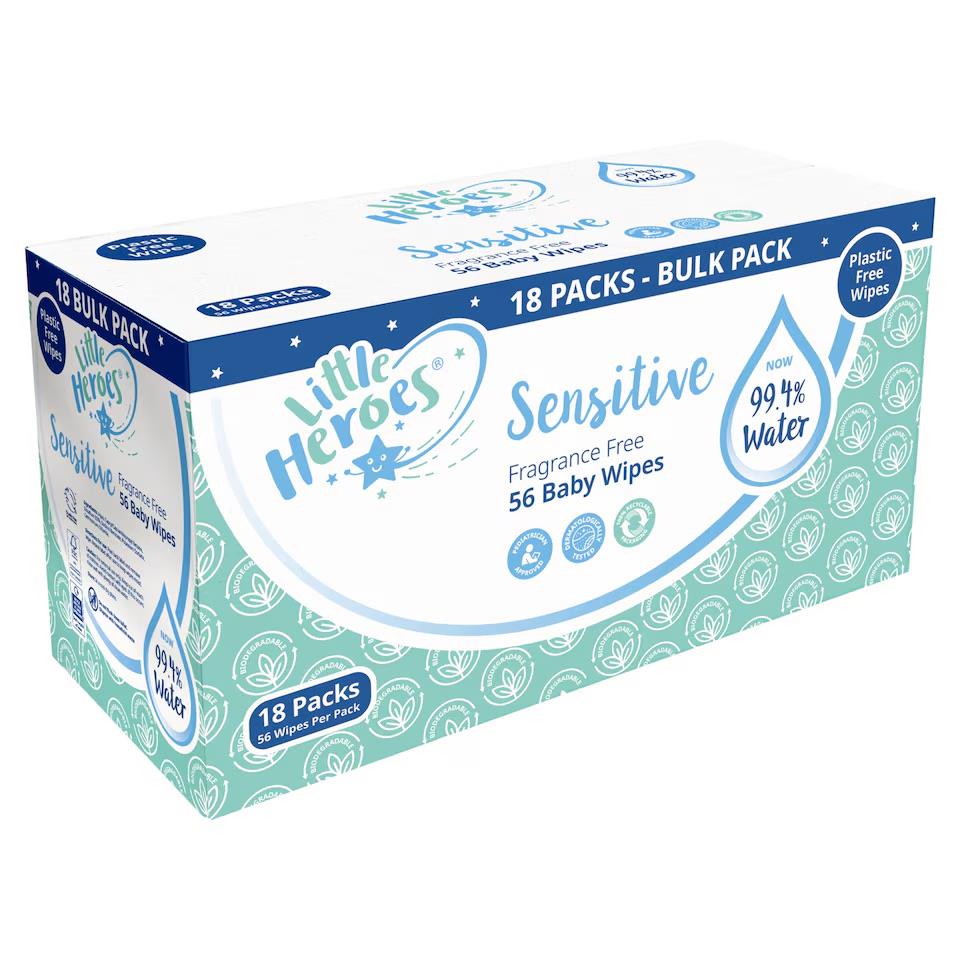 18 x LITTLE HEROES PLASTIC FREE SENSTIVE BABY WIPE 56's