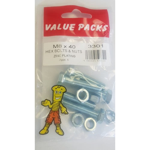 Fastpak Zinc Plated Hex Bolts with Nuts - M8 x 40mm