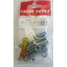 Fastpak Zinc Plated Hex Bolts with Nuts - M8 x 50mm Appx.4