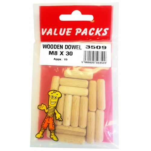 Wooden Dowel Value M8 X 30 Pack Of 15