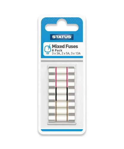 Status Mixed 3 Amp, 5 Amp, 13 Amp Plug Fuses - Pack of 8