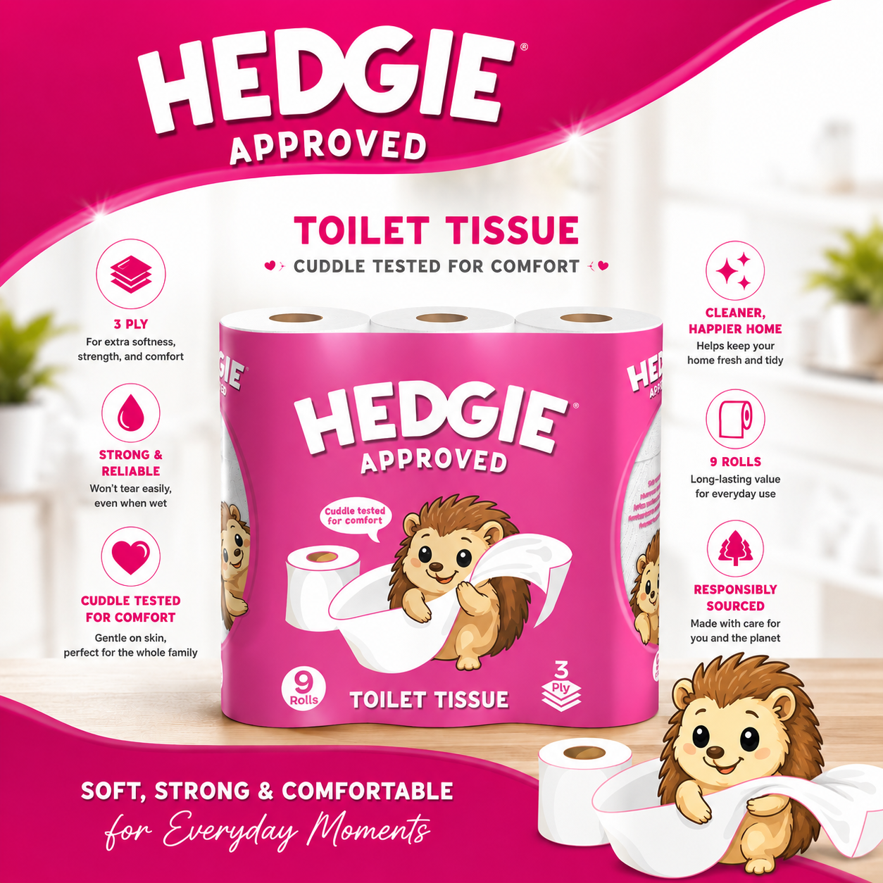 Hedgie 3ply Quilted Soft Toilet Tissue 180 x 3 ply sheets per roll 20.7m /roll