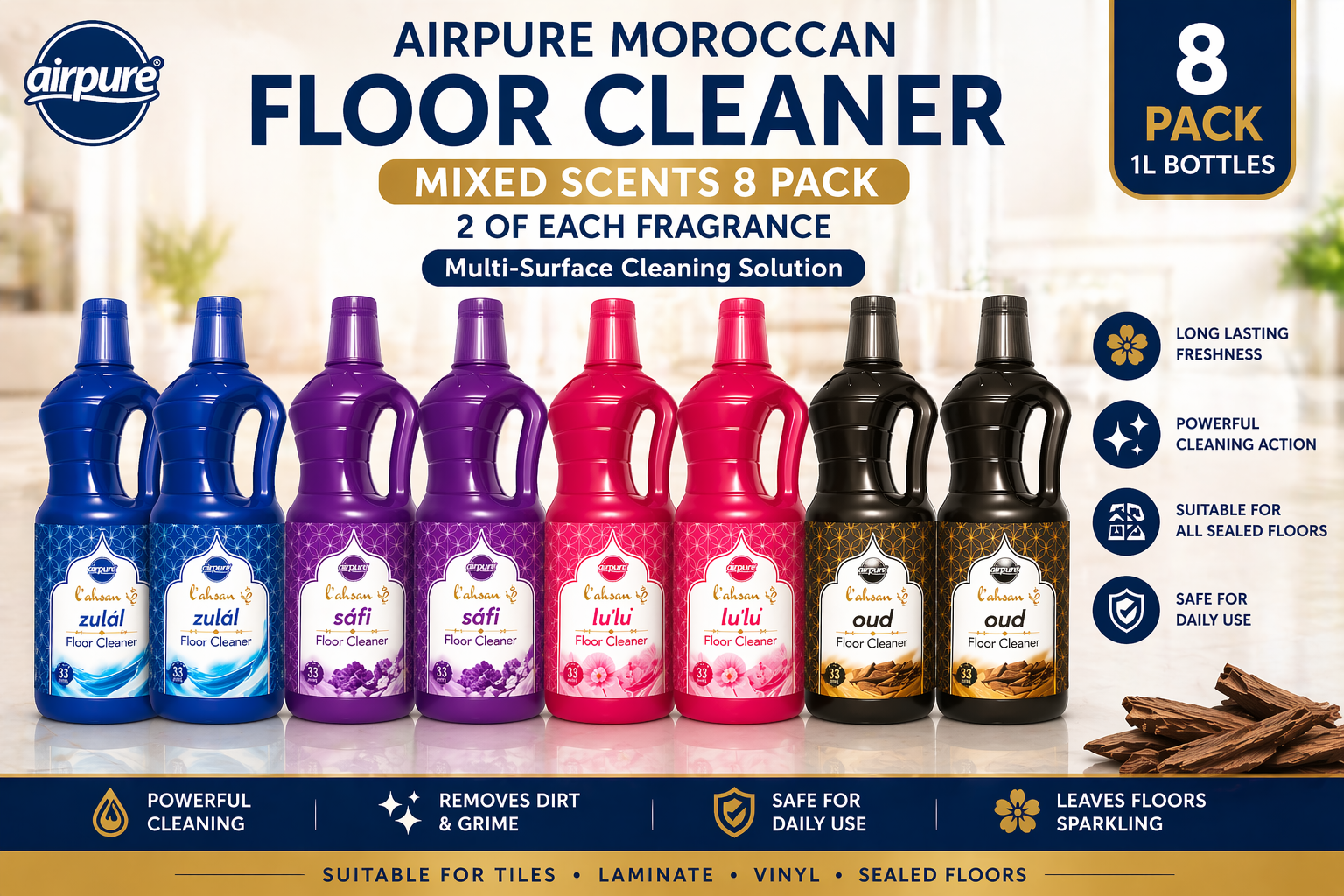 Airpure Moroccan Liquid Floor Cleaner 1L – Zulal, Safi, L’u’lu & Oud | All Scents Variety | 3 Pack, 6 Pack, 12 Pack & Mixed Bundles | Multi-Surface Cleaning Solution