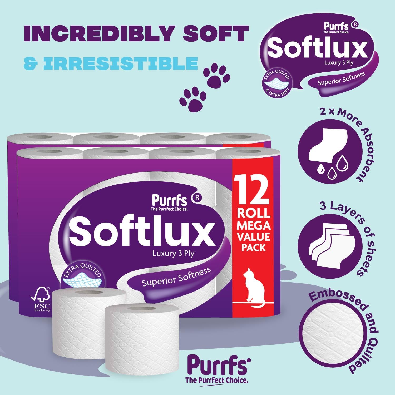 120 Rolls Softlux 3Ply Luxury Toilet Rolls (12 X 5) Quilted Embossed Soft Tissue
