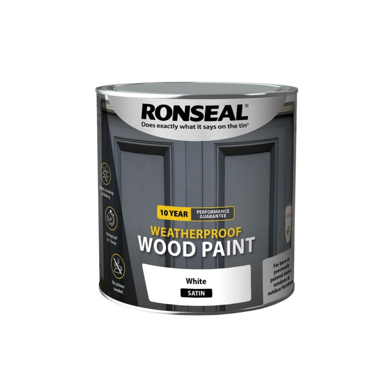 Ronseal 10 Year Weatherproof White Satin Wood Paint 2.5L