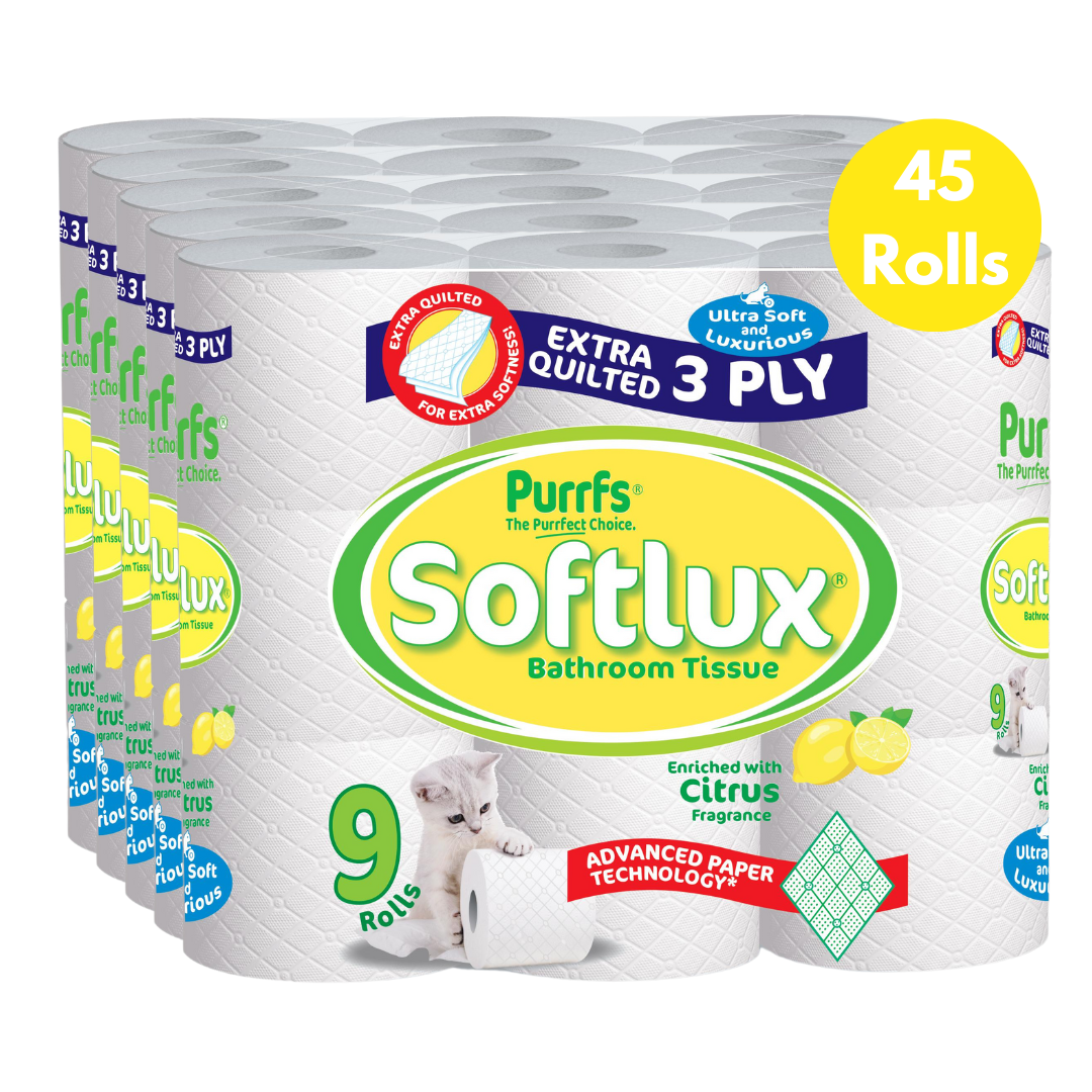 45 Rolls Softlux Citrus Scented 3 Ply Toilet Rolls Luxury Quilted (5*9pk)