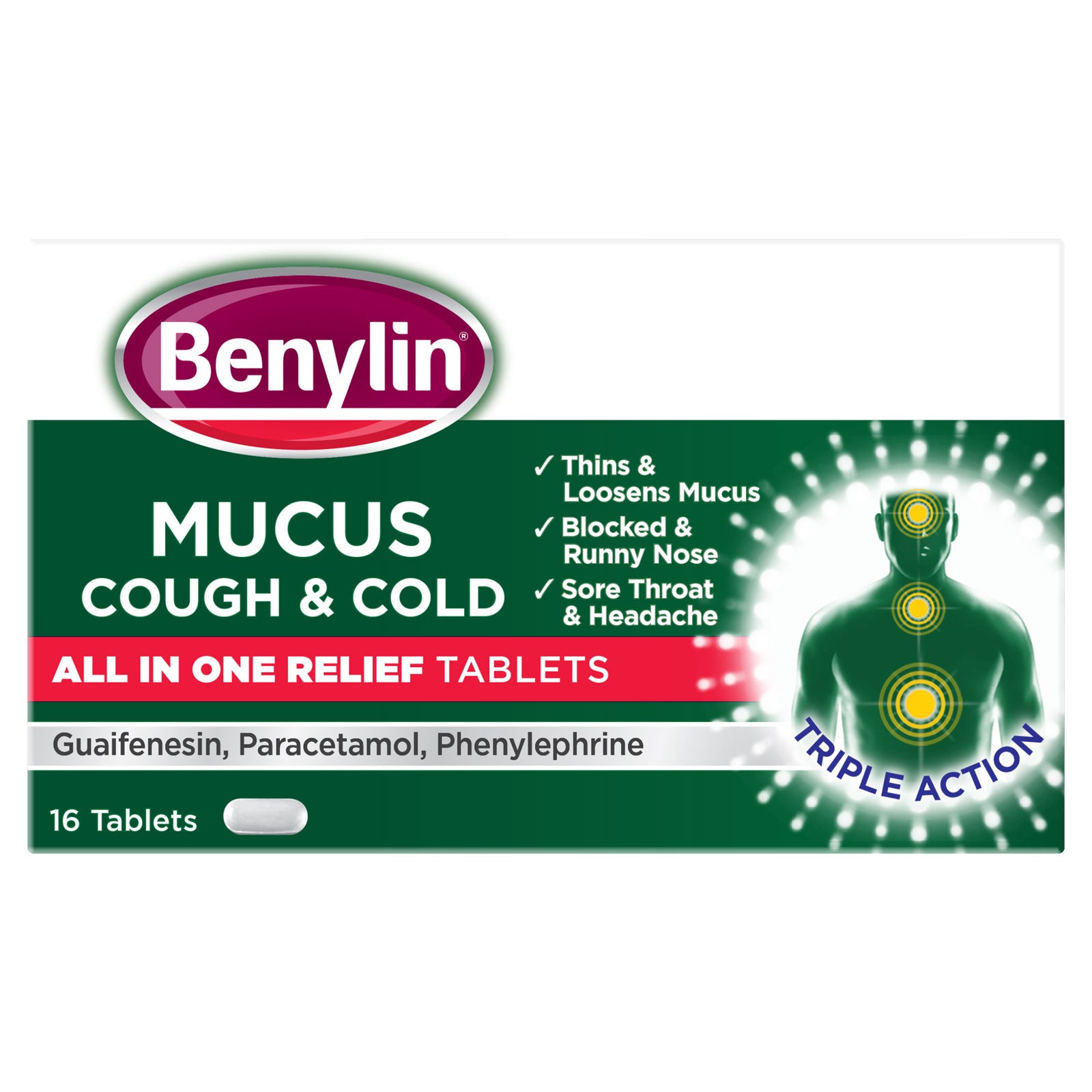 Benylin Mucus Cough & Cold All In 16 Tablets