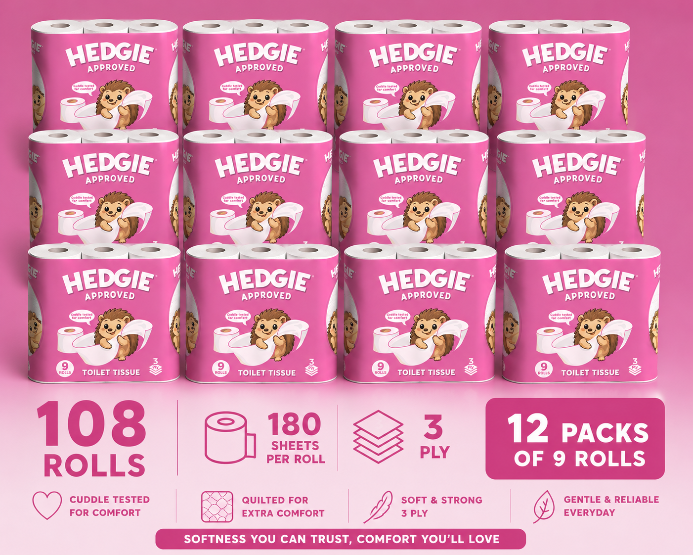 Hedgie 3ply Quilted Soft Toilet Tissue 180 x 3 ply sheets per roll 20.7m /roll