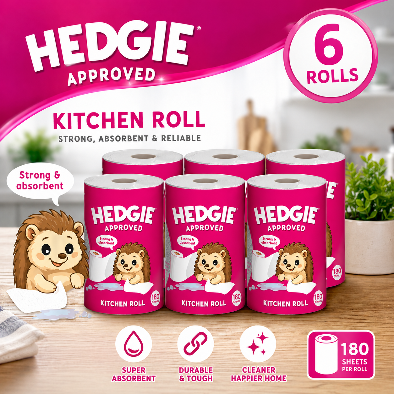 Hedgie Kitchen Towels 2 ply Strong Absorbent 180 Sheets / Roll