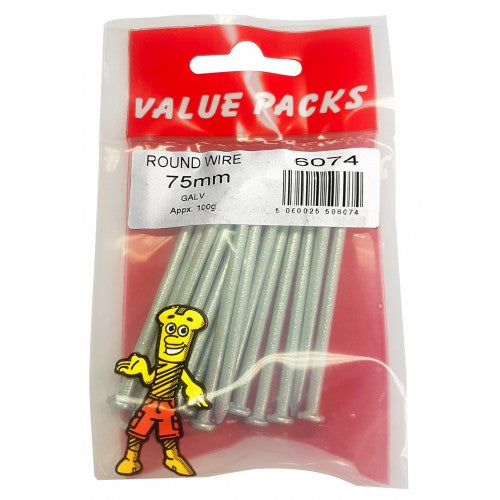 Fast Pak Value 75mm Galv Round Wire Nails 8 Per Pack