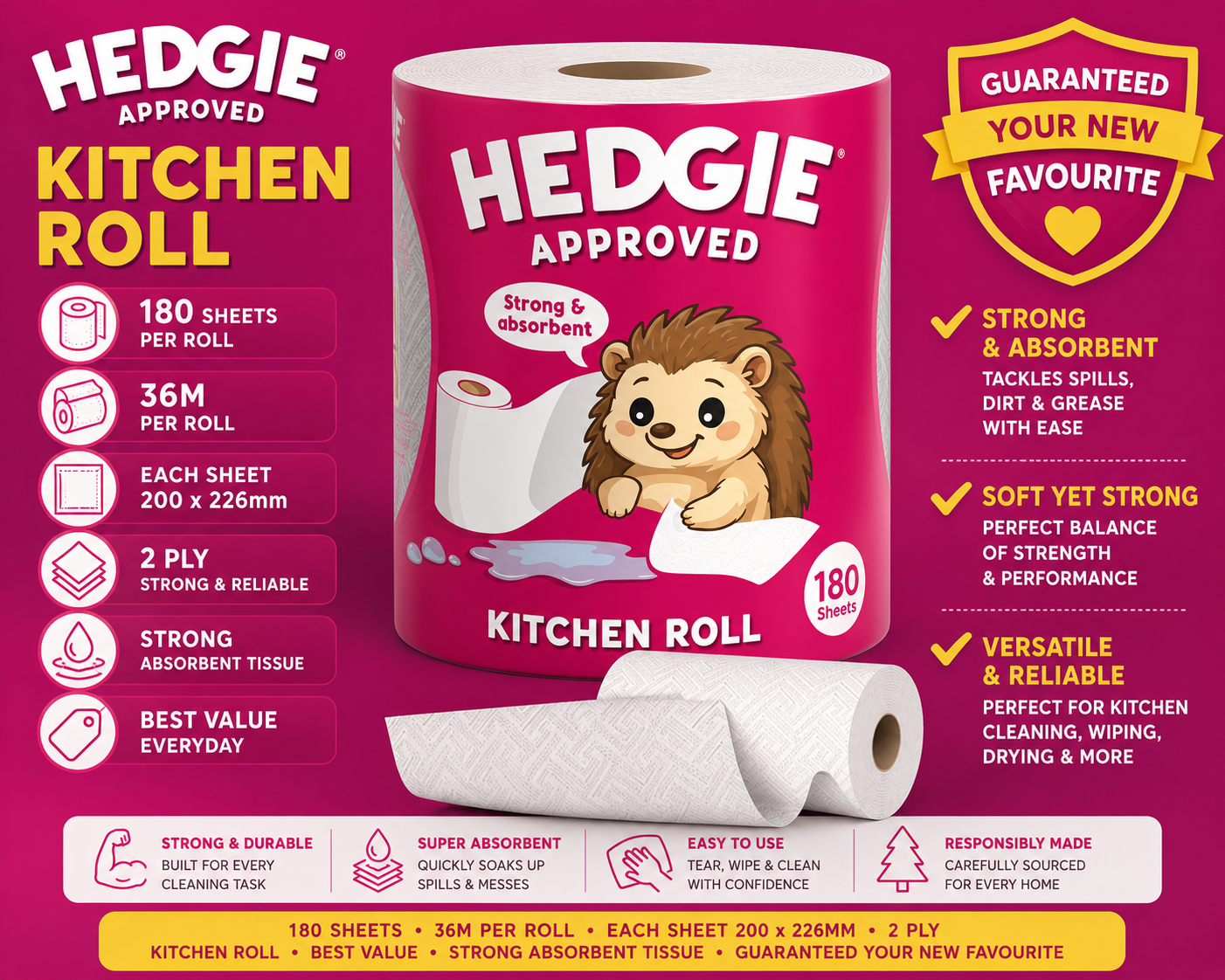 Hedgie Kitchen Towels 2 ply Strong Absorbent 180 Sheets / Roll