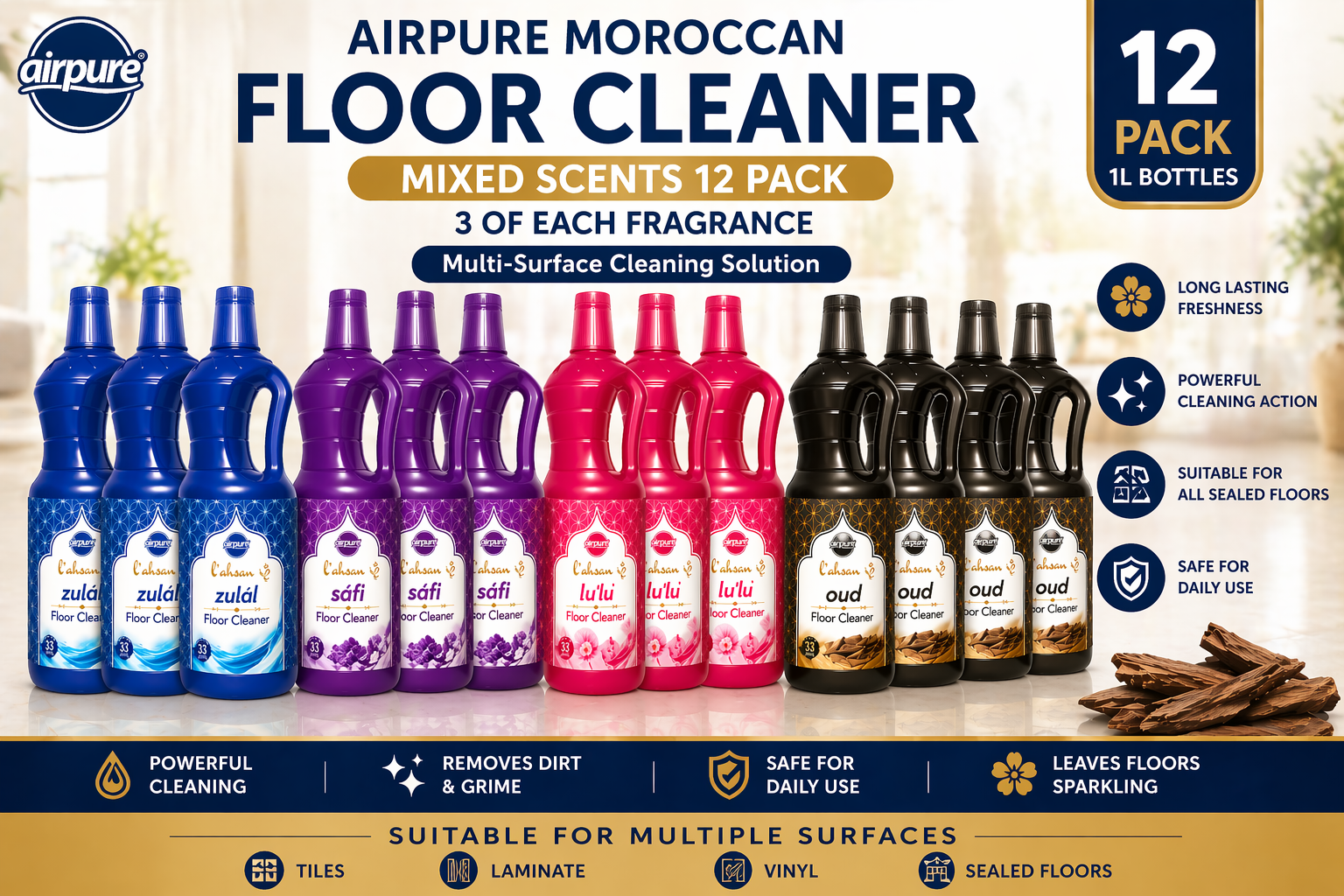 Airpure Moroccan Liquid Floor Cleaner 1L – Zulal, Safi, L’u’lu & Oud | All Scents Variety | 3 Pack, 6 Pack, 12 Pack & Mixed Bundles | Multi-Surface Cleaning Solution