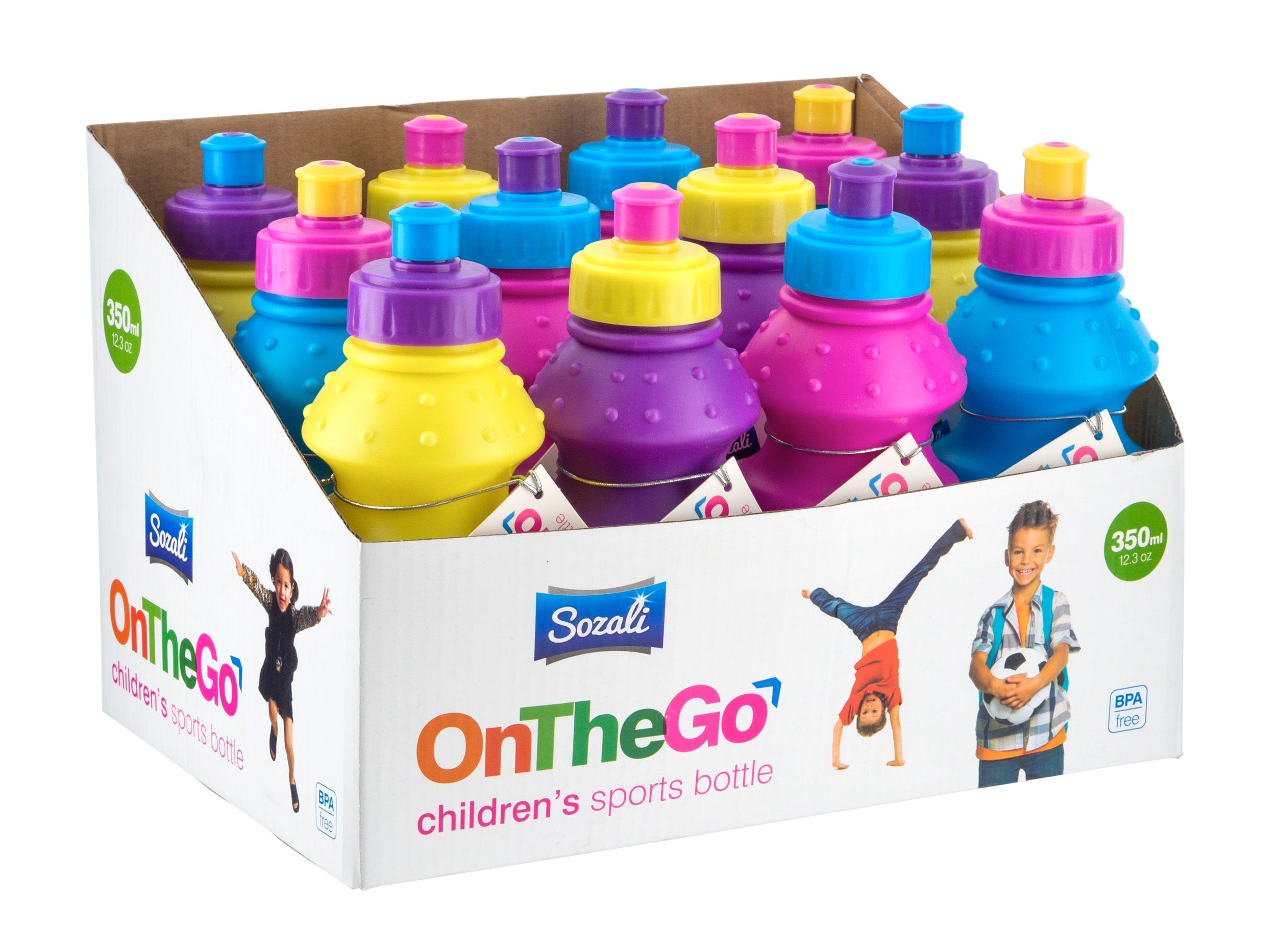 Kids 350ml Sports Bottle Mix Cols PDQ Display Box