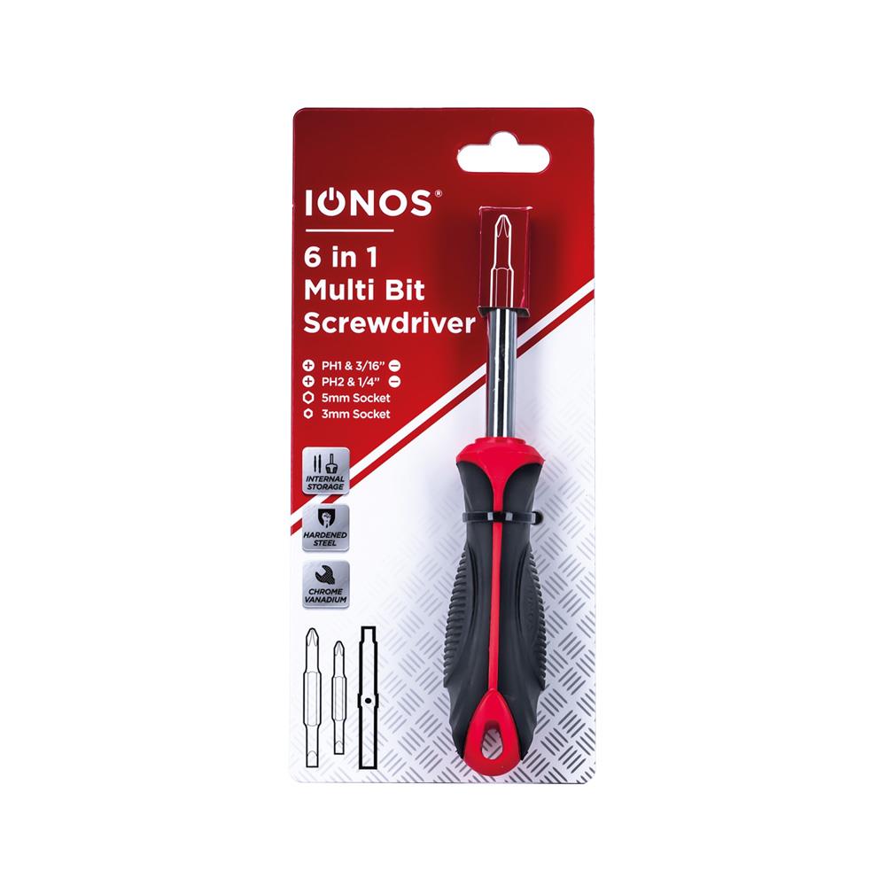 IONOS 6 in 1 Screwdriver With Chrome vanadium driver bits - screw top plastic handle - hollow body head ]