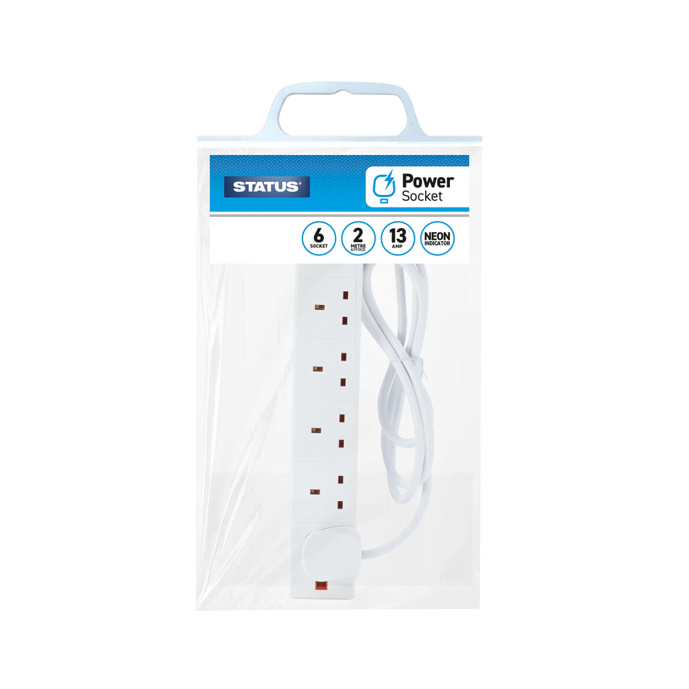 Status 6 Way Extension Socket - White - 2m