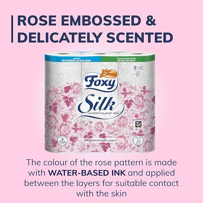 9 Rolls Foxy Silk | Toilet Paper 200 Sheets x 9 Rolls | 3 Ply High Thickness | Recyclable Packaging Made with Recycled Plastic